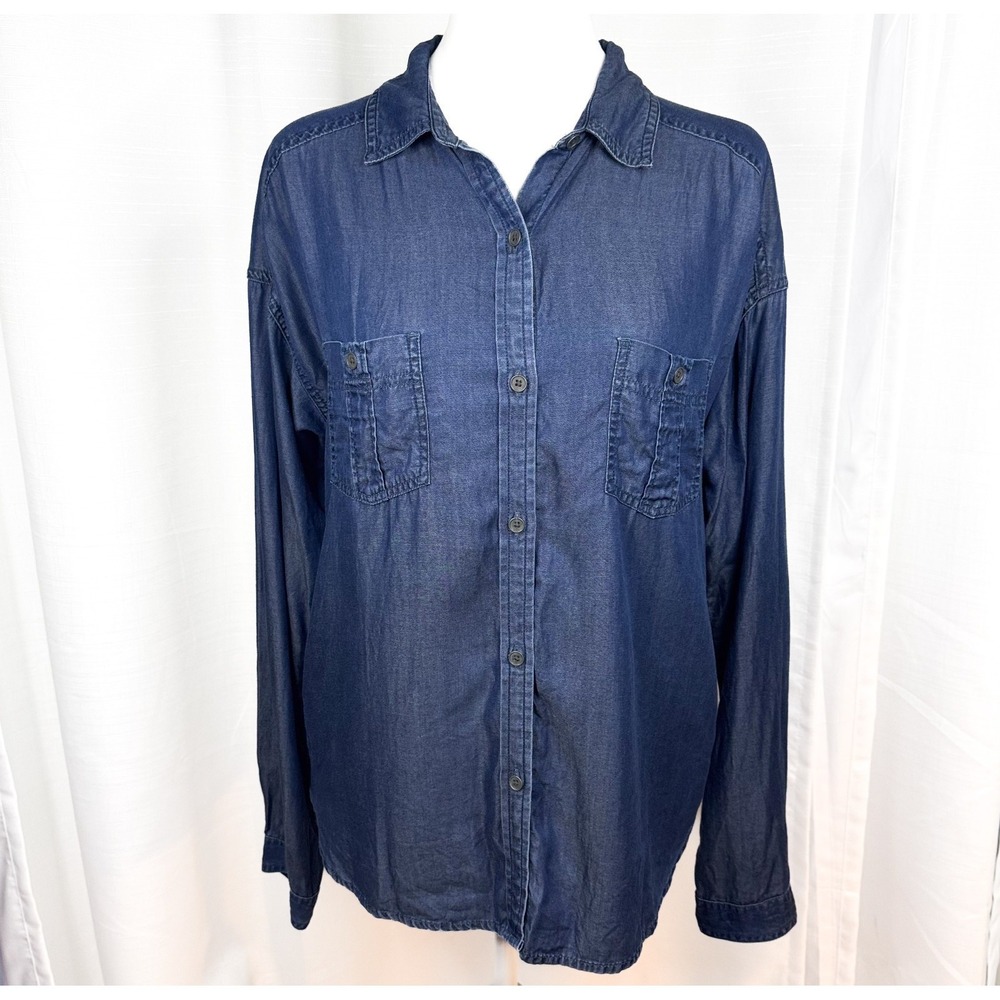 prAna Updrift Chambray Button Up Shirt Medium Tencel Lightweight Denim Blue EUC